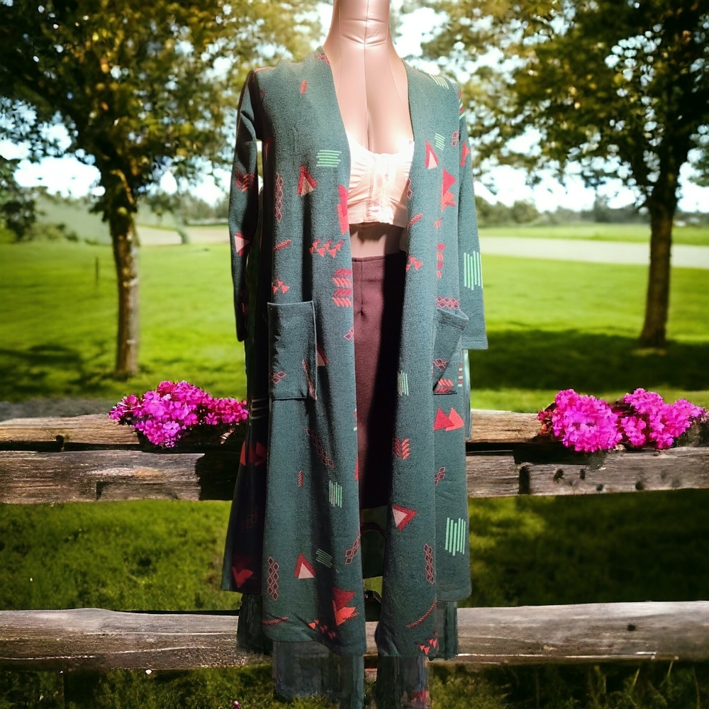 LULAROE | Teal Green & Orange Long Cardigan Duster | EUC ✨ size XS